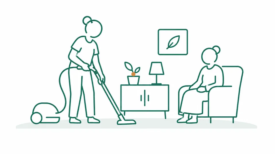 Illustration: Alltagshelferin unterstuetzt eine Seniorin im Haushalt