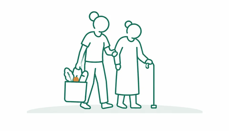 Illustration: Alltagshelferin traegt Einkaeufe und begleitet eine Seniorin
