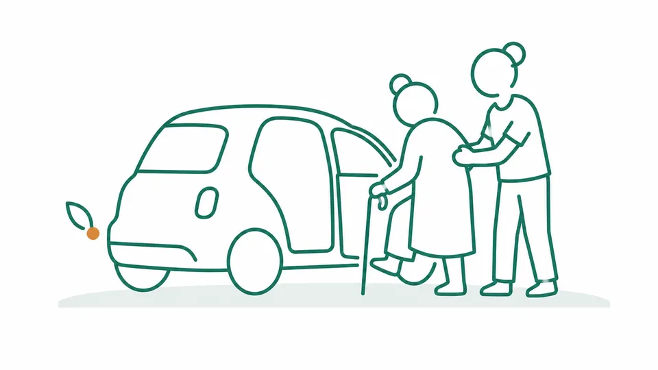 Illustration: Begleitung einer Seniorin beim Einsteigen ins Auto