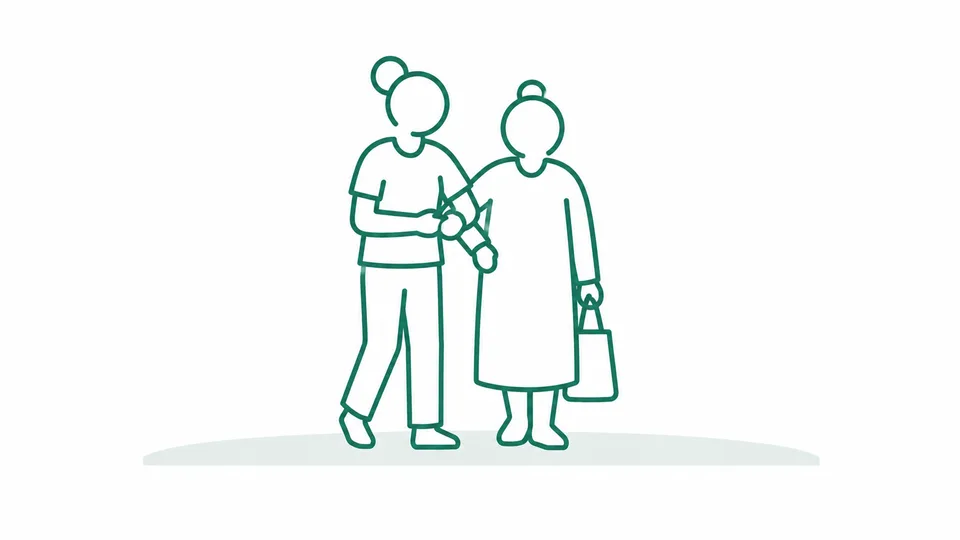 Illustration: Alltagshelferin begleitet eine Seniorin Arm in Arm zum Termin