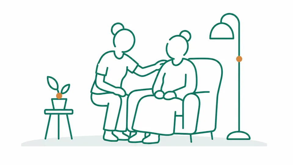Illustration: liebevolle Betreuung einer Seniorin im Sessel als Auszeit fuer Angehoerige