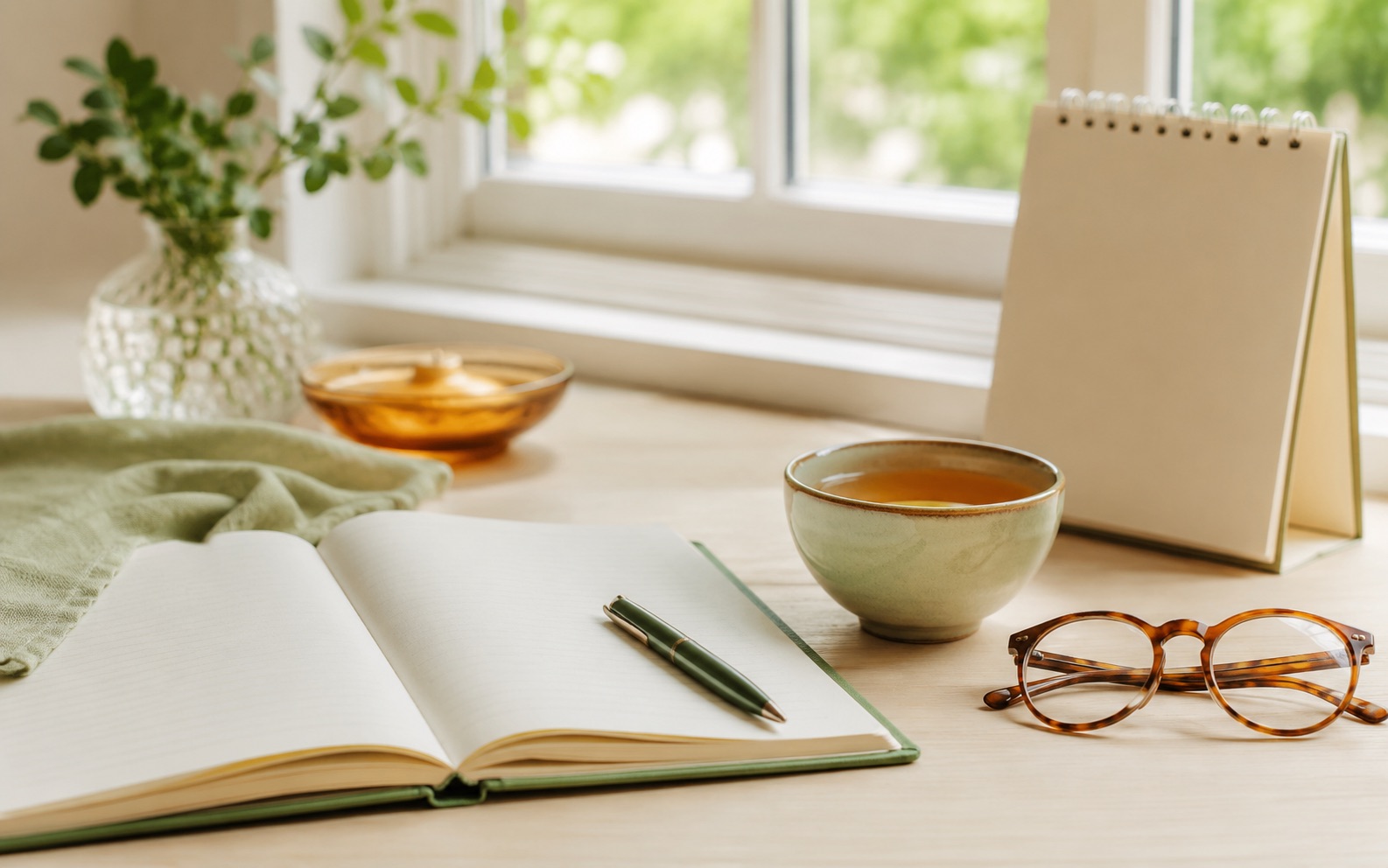 Aufgeschlagenes Notizbuch, Tasse Tee und Lesebrille auf einem hellen Tisch am Fenster