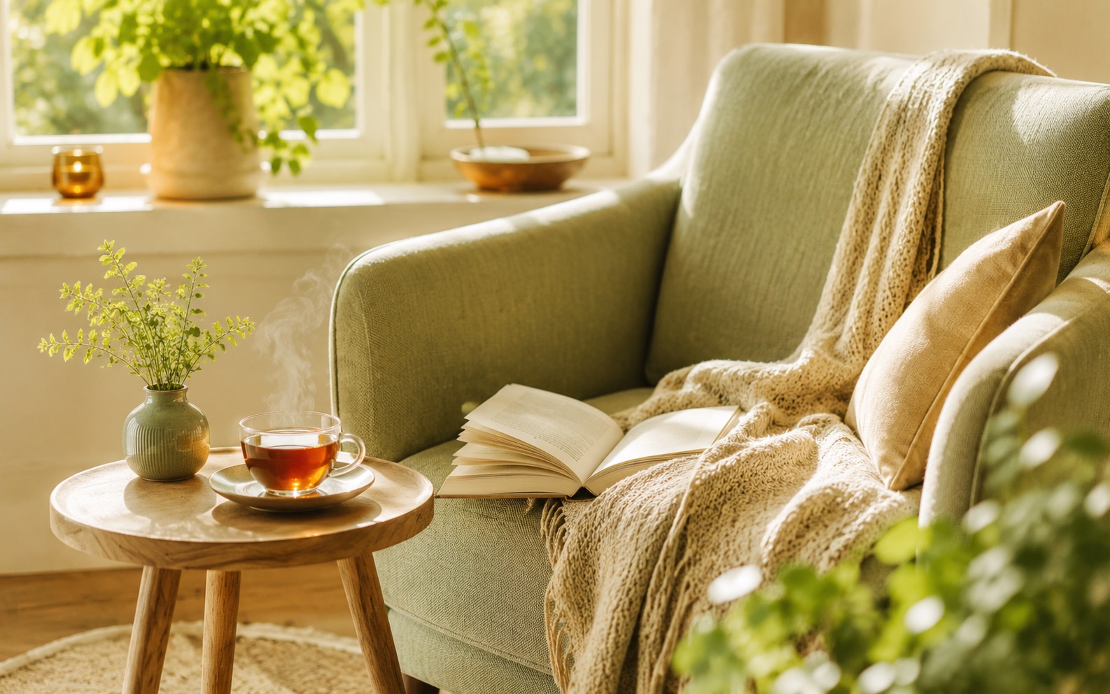 Gemütliche Leseecke mit Sessel, Strickdecke, Buch und Tee am sonnigen Fenster